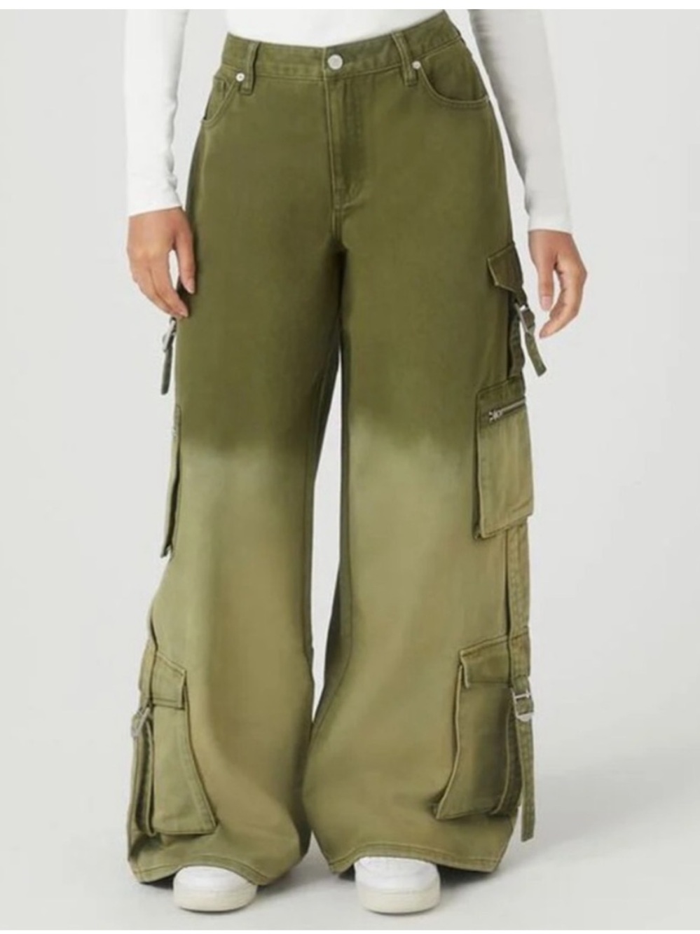 Forever 21 Cargo Olive Green Dip Dye Ombré Wide Leg Jeans Pants Size 28 NWT